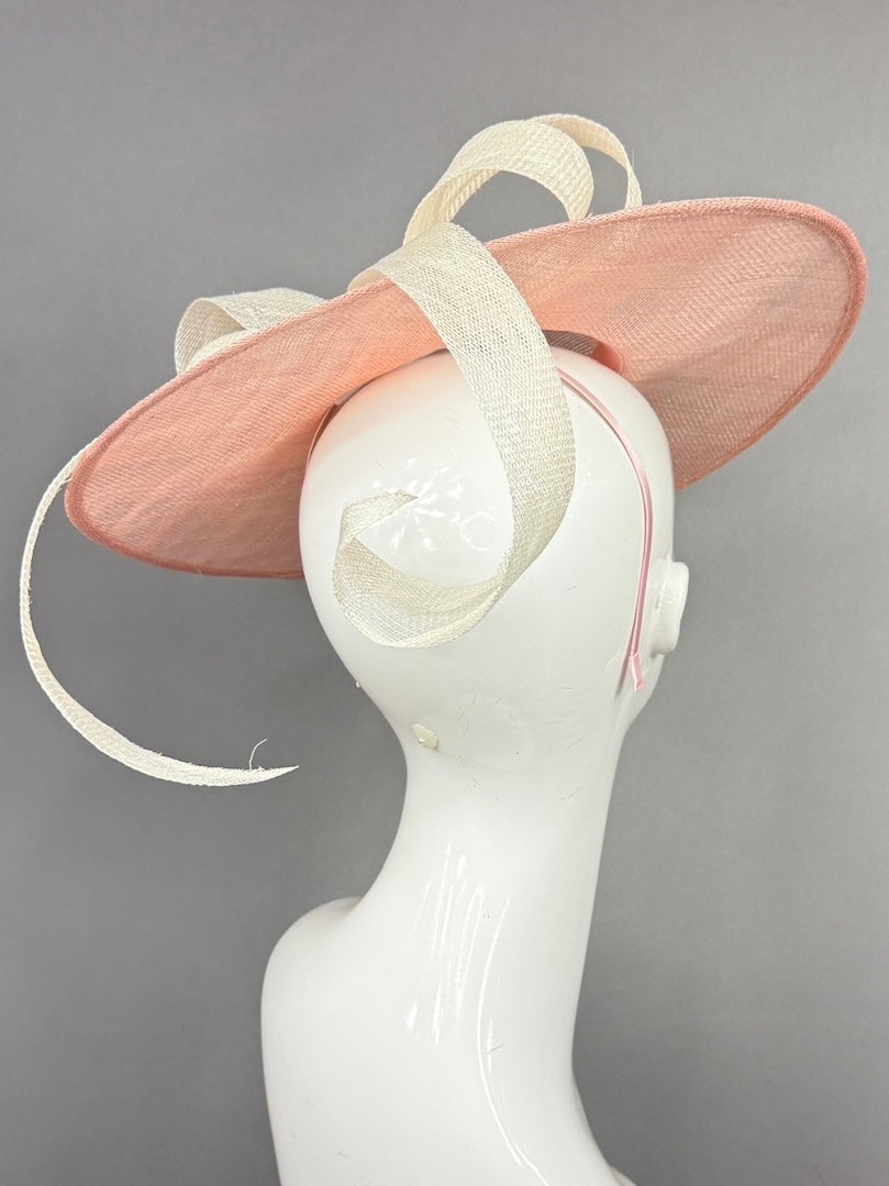 Kentucky Derby Fascinator Hat | Pink mat base with cream bow Headpiece | Derbyologie