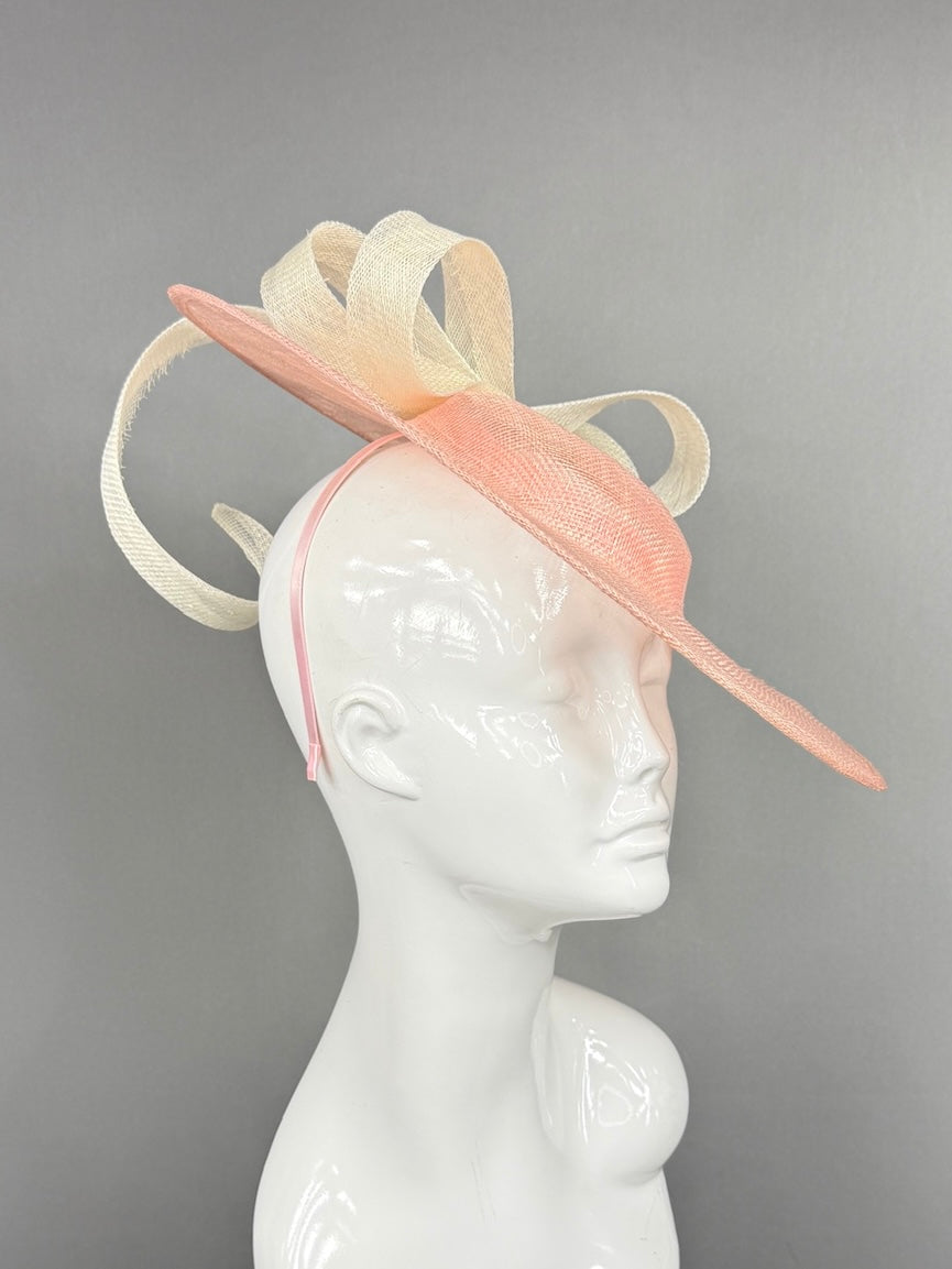 Kentucky Derby Fascinator Hat | Pink mat base with cream bow Headpiece | Derbyologie