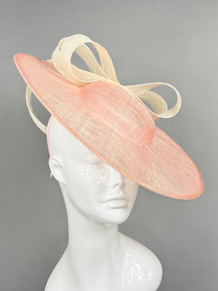 Kentucky Derby Fascinator Hat | Pink mat base with cream bow Headpiece | Derbyologie