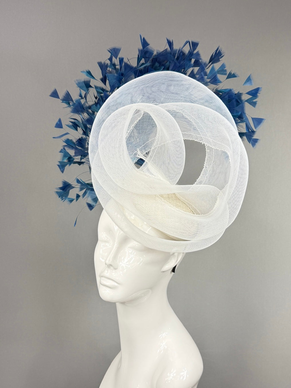 Kentucky Derby Fascinator Hat | Swirled, airy white crinoline loops with generous blue feather spray Headpiece | Derbyologie