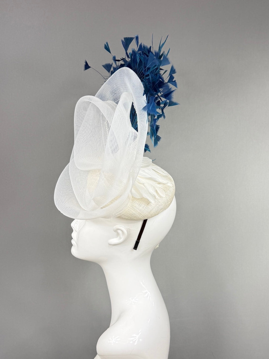 Kentucky Derby Fascinator Hat | Swirled, airy white crinoline loops with generous blue feather spray Headpiece | Derbyologie