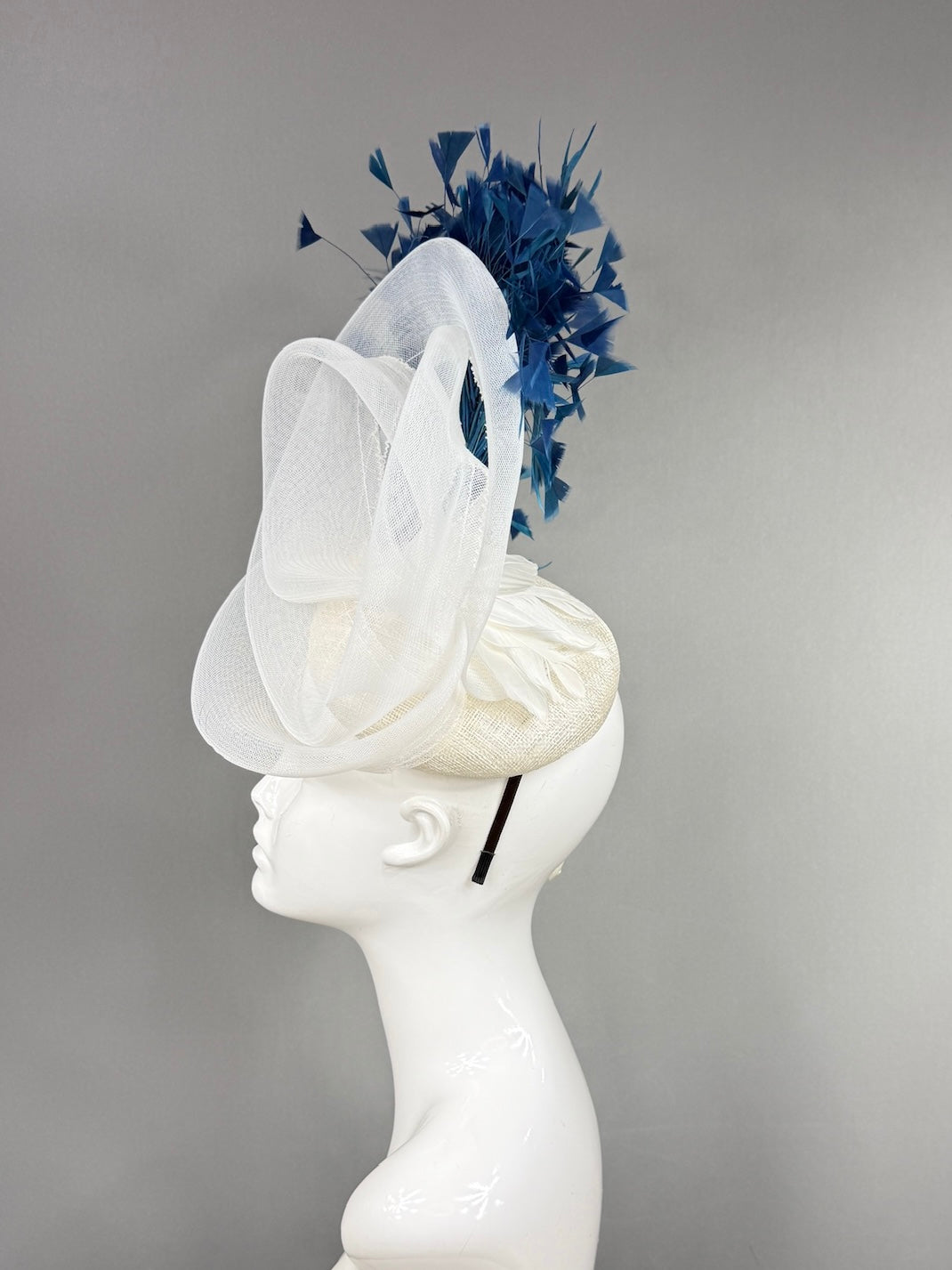 Kentucky Derby Fascinator Hat | Swirled, airy white crinoline loops with generous blue feather spray Headpiece | Derbyologie