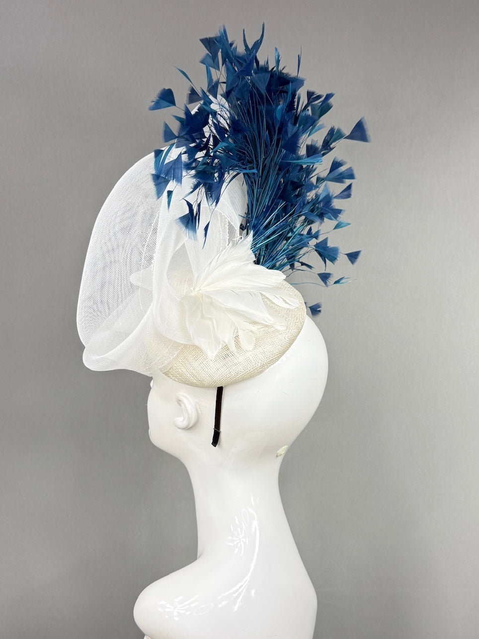 Kentucky Derby Fascinator Hat | Swirled, airy white crinoline loops with generous blue feather spray Headpiece | Derbyologie