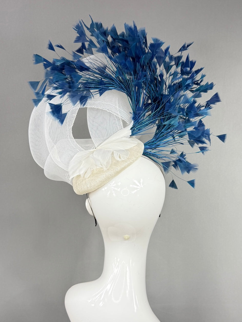 Kentucky Derby Fascinator Hat | Swirled, airy white crinoline loops with generous blue feather spray Headpiece | Derbyologie