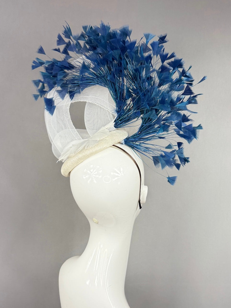 Kentucky Derby Fascinator Hat | Swirled, airy white crinoline loops with generous blue feather spray Headpiece | Derbyologie