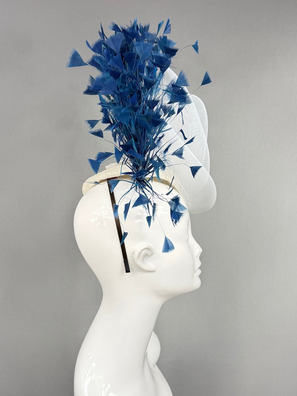 Kentucky Derby Fascinator Hat | Swirled, airy white crinoline loops with generous blue feather spray Headpiece | Derbyologie