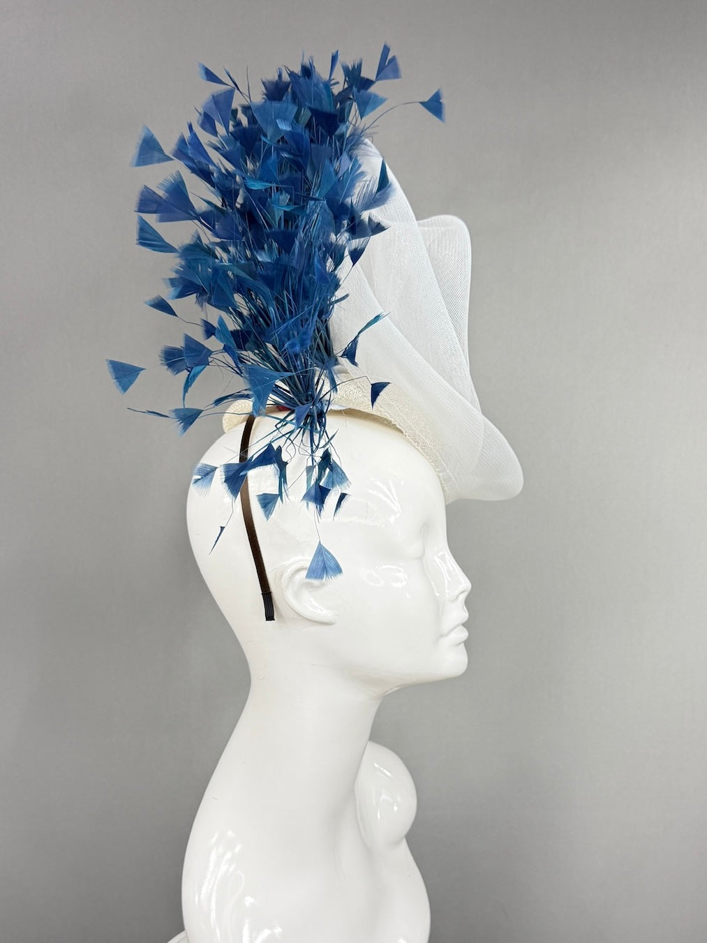 Kentucky Derby Fascinator Hat | Swirled, airy white crinoline loops with generous blue feather spray Headpiece | Derbyologie