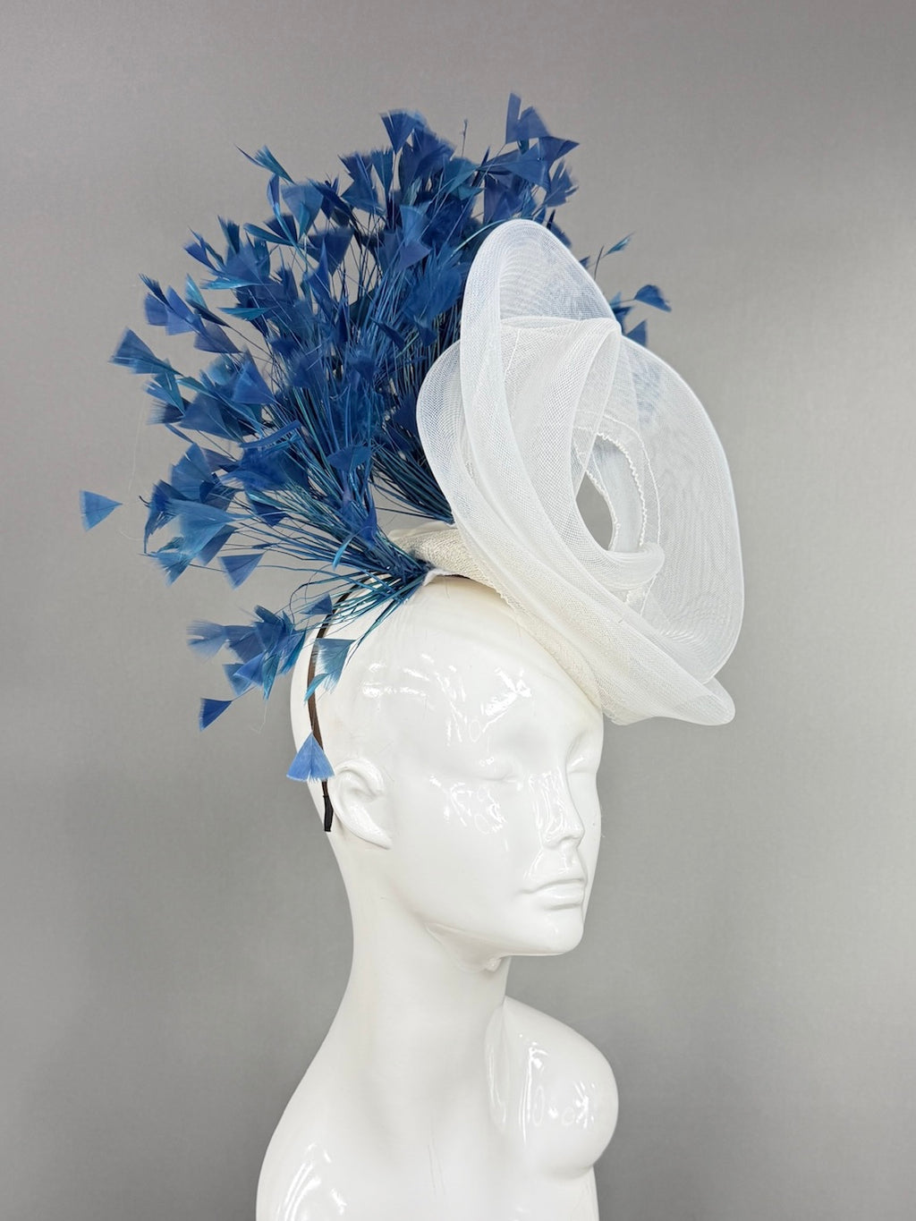 Kentucky Derby Fascinator Hat | Swirled, airy white crinoline loops with generous blue feather spray Headpiece | Derbyologie