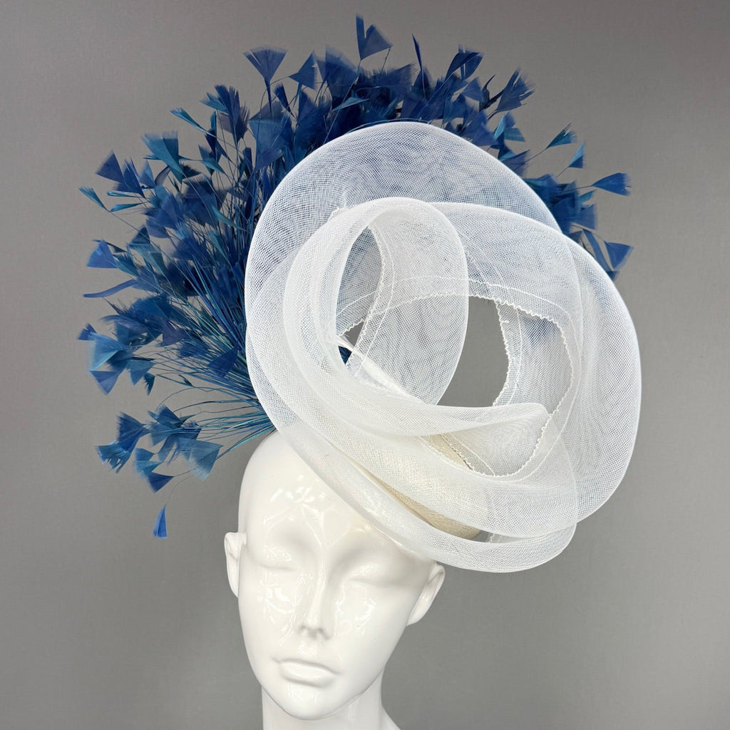 Kentucky Derby Fascinator Hat | Swirled, airy white crinoline loops with generous blue feather spray Headpiece | Derbyologie