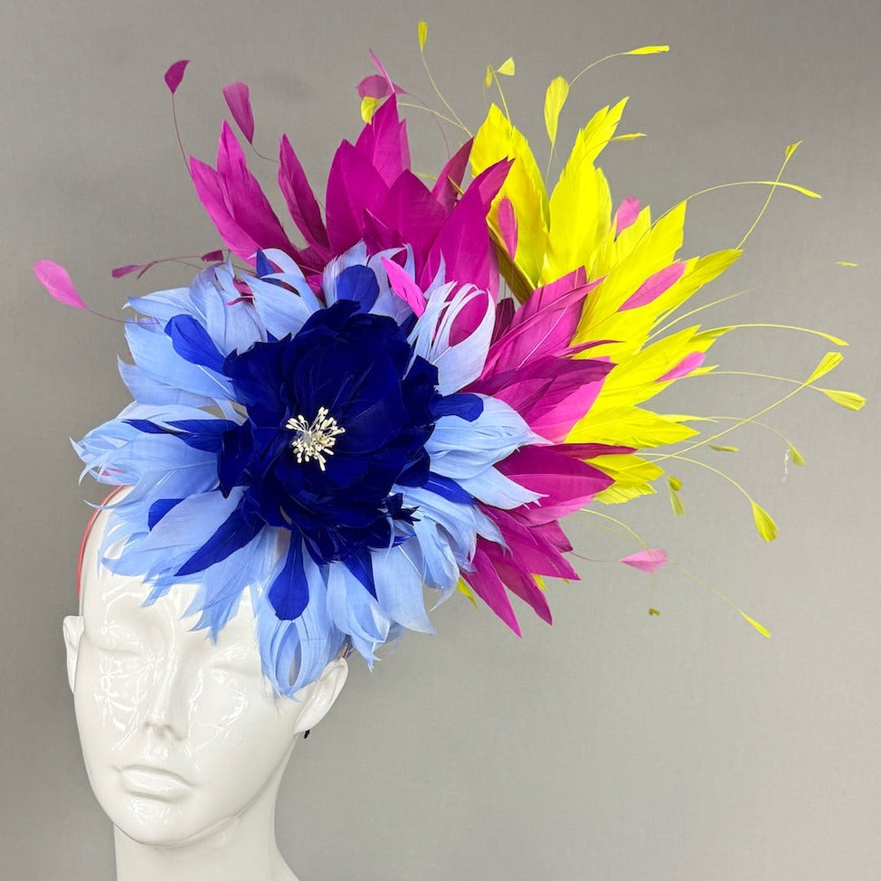 Kentucky Derby Fascinator Hat | Blue ,fuchsia, and yellow feathered Headpiece | Derbyologie