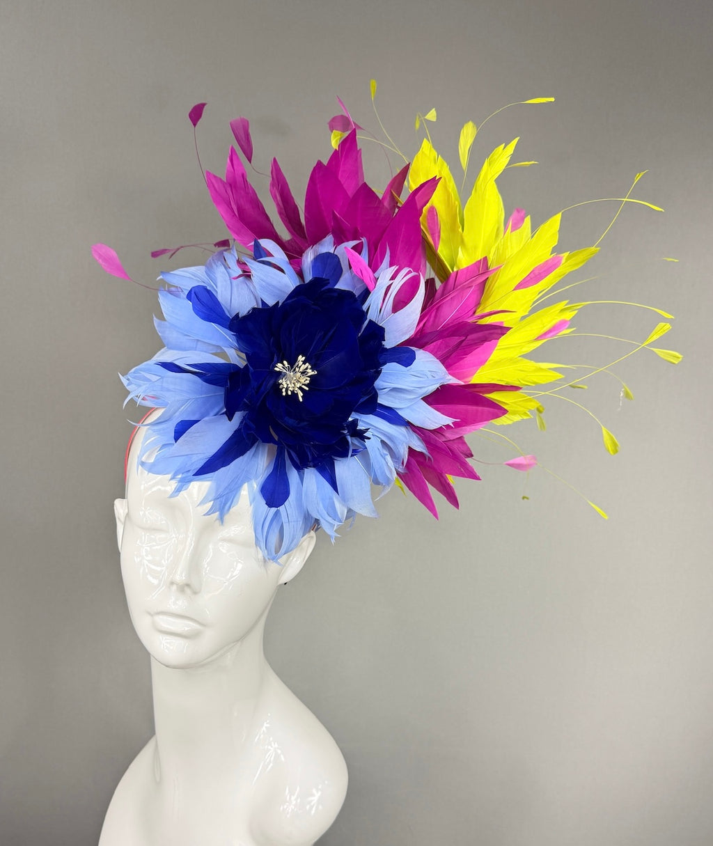 Kentucky Derby Fascinator Hat | Blue ,fuchsia, and yellow feathered Headpiece | Derbyologie