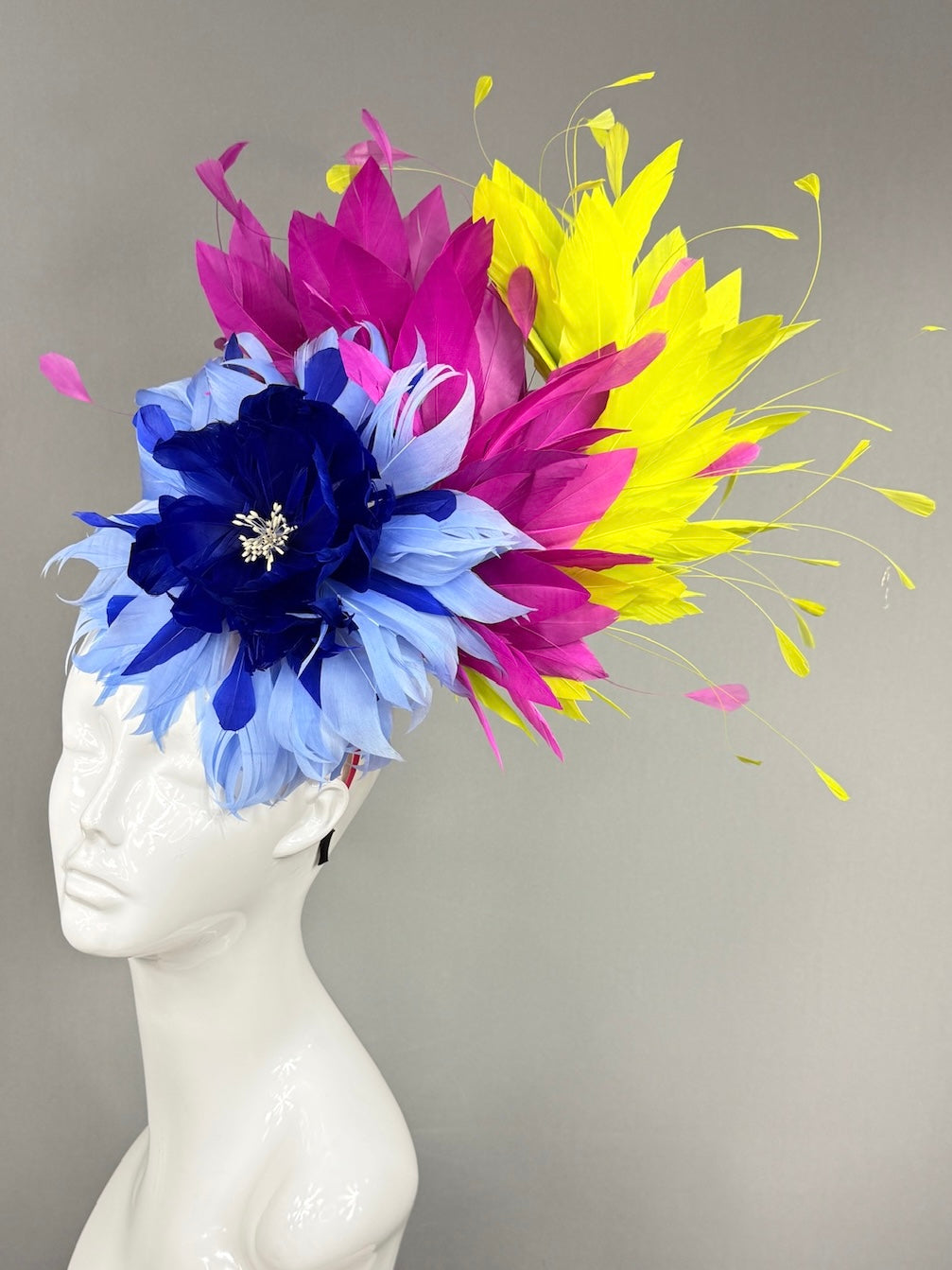 Kentucky Derby Fascinator Hat | Blue ,fuchsia, and yellow feathered Headpiece | Derbyologie