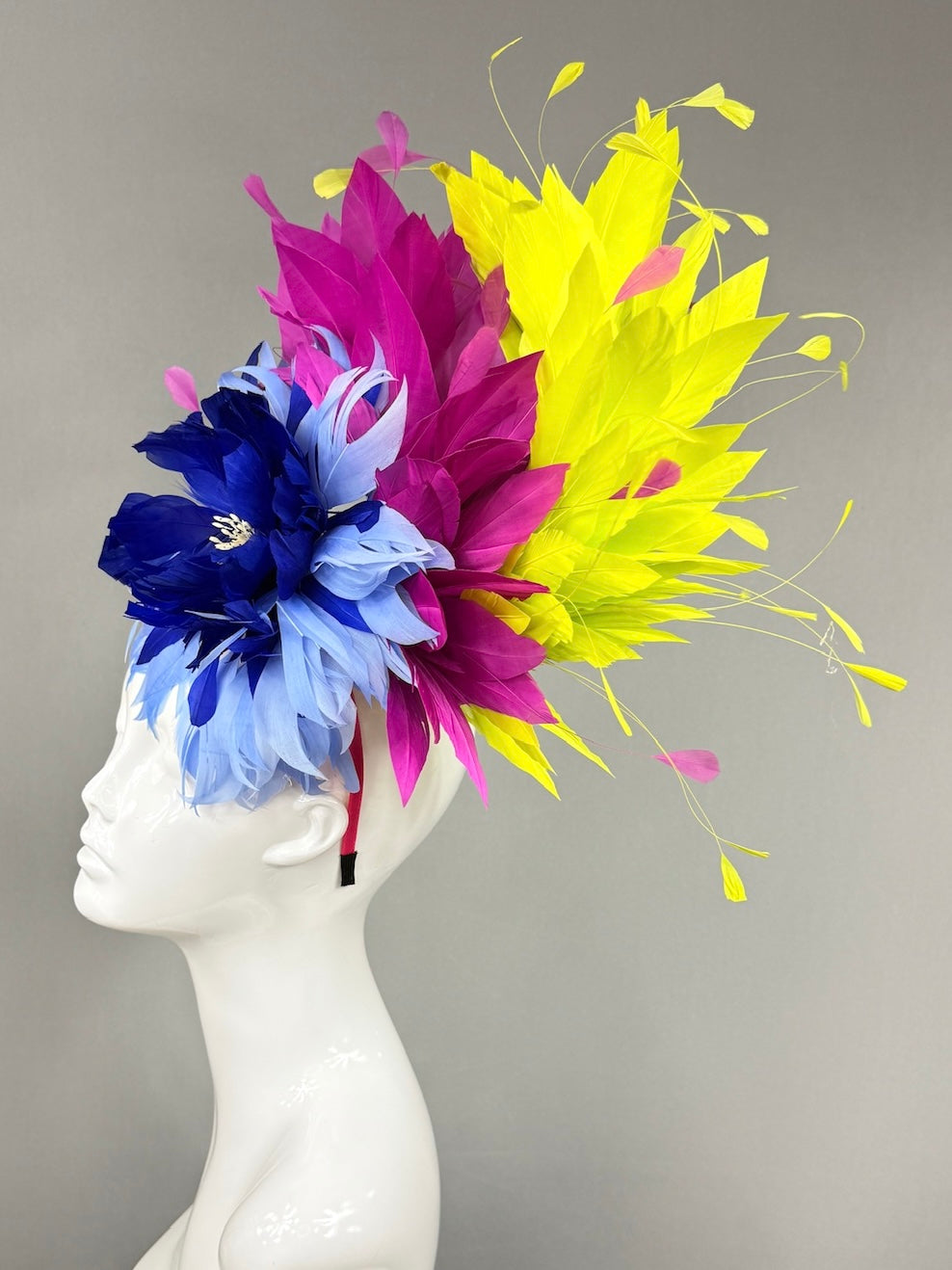 Kentucky Derby Fascinator Hat | Blue ,fuchsia, and yellow feathered Headpiece | Derbyologie