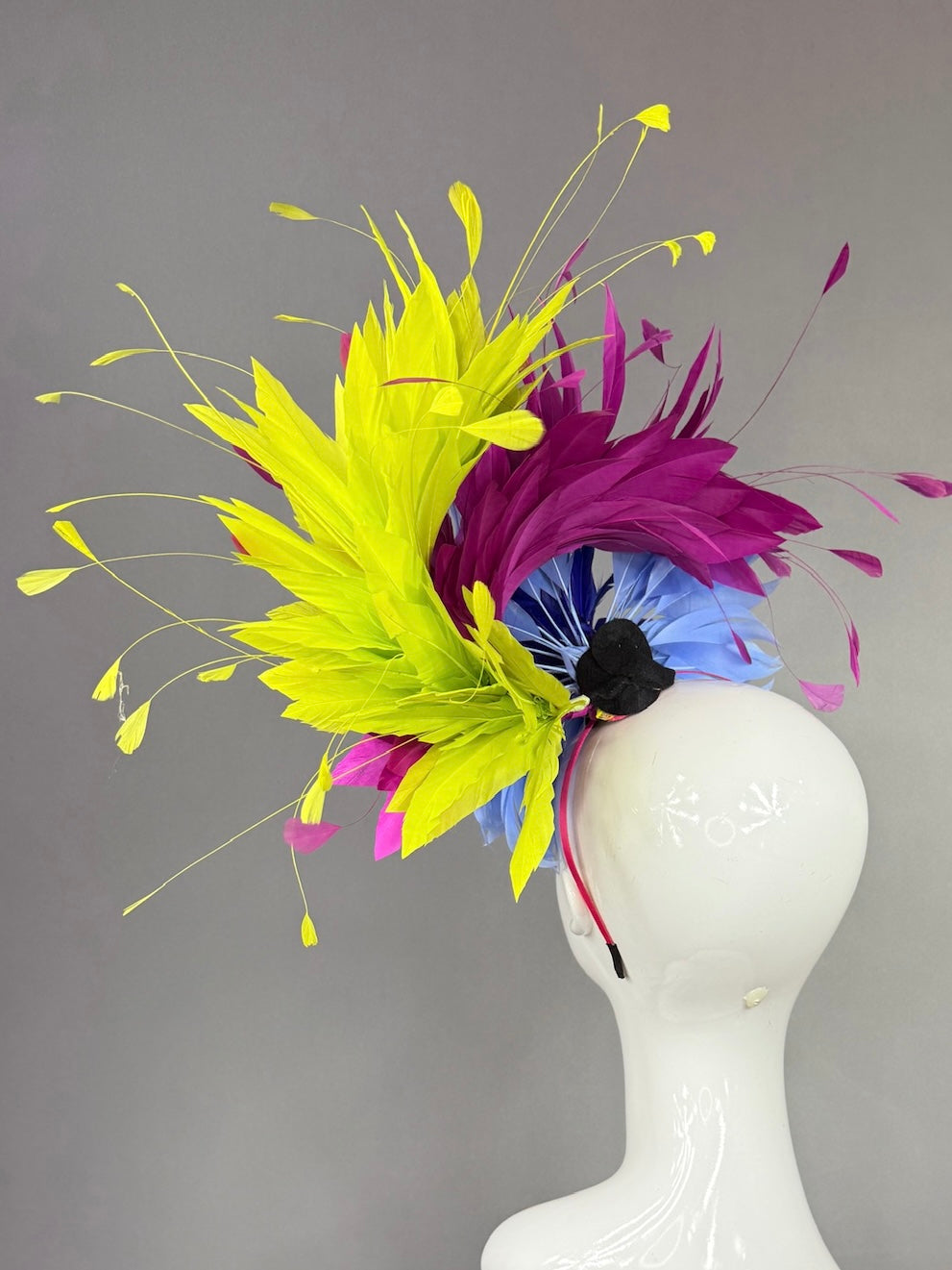 Kentucky Derby Fascinator Hat | Blue ,fuchsia, and yellow feathered Headpiece | Derbyologie