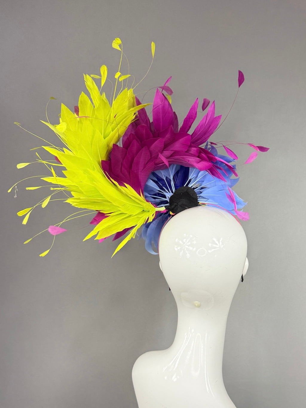 Kentucky Derby Fascinator Hat | Blue ,fuchsia, and yellow feathered Headpiece | Derbyologie