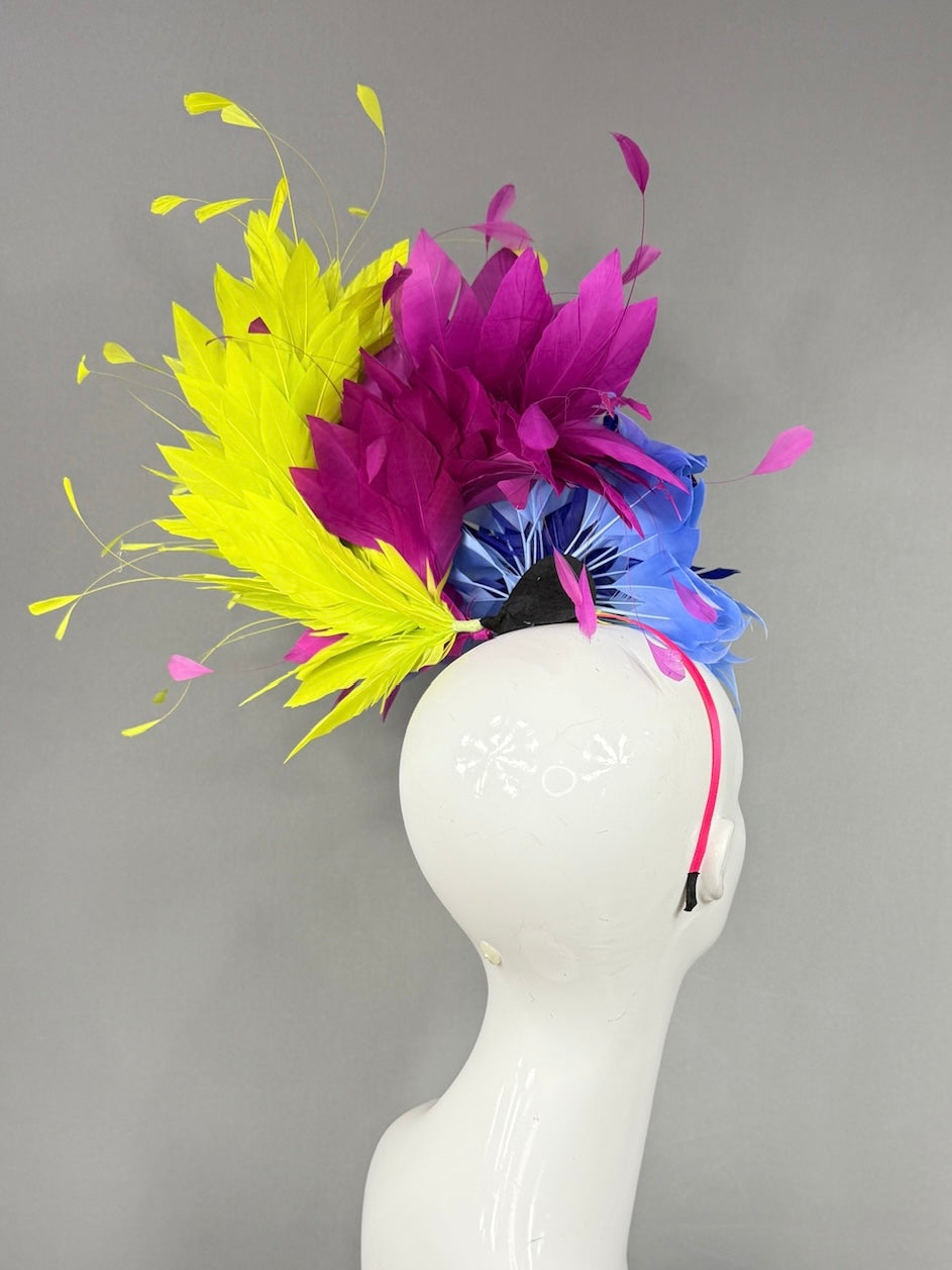 Kentucky Derby Fascinator Hat | Blue ,fuchsia, and yellow feathered Headpiece | Derbyologie