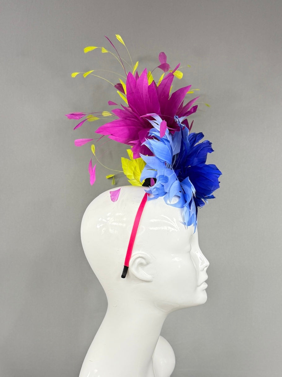 Kentucky Derby Fascinator Hat | Blue ,fuchsia, and yellow feathered Headpiece | Derbyologie