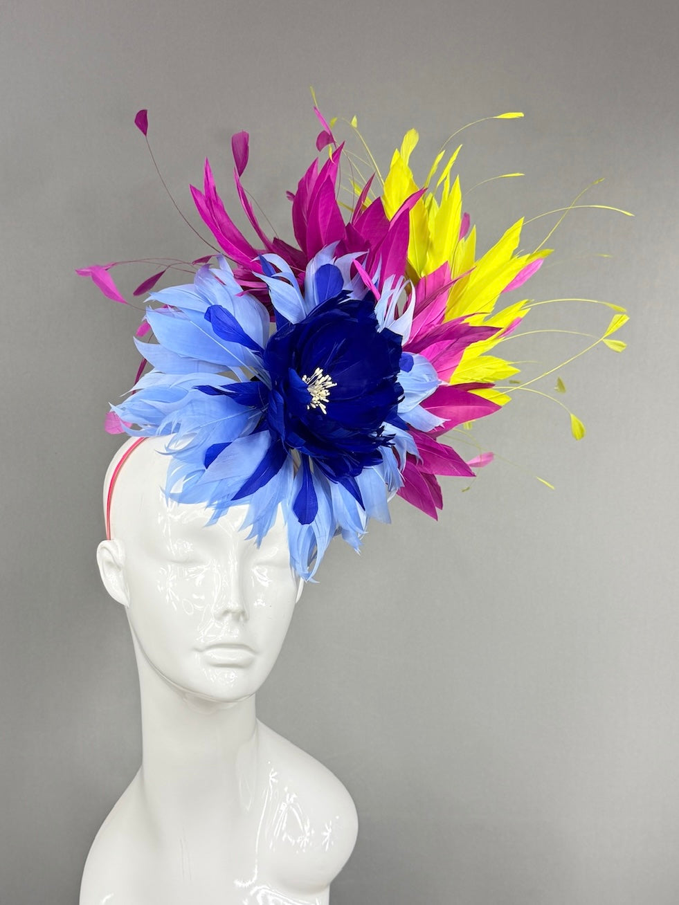 Kentucky Derby Fascinator Hat | Blue ,fuchsia, and yellow feathered Headpiece | Derbyologie