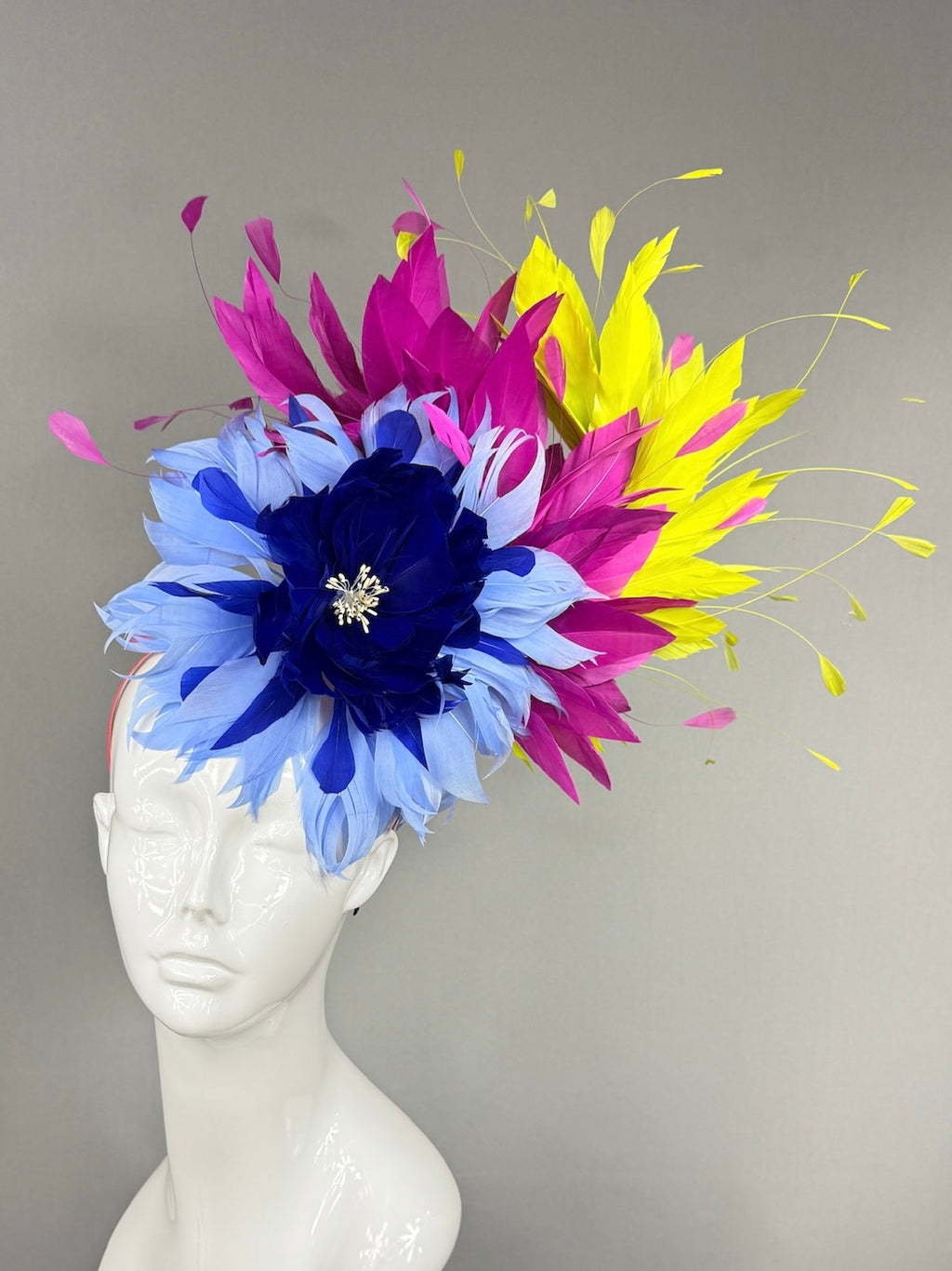 Kentucky Derby Fascinator Hat | Blue ,fuchsia, and yellow feathered Headpiece | Derbyologie