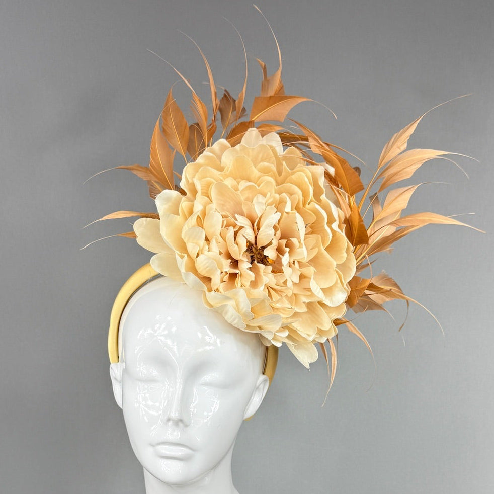 Kentucky Derby Fascinator Hat |  Oversized cream peony and brown feathers Headpiece | Derbyologie