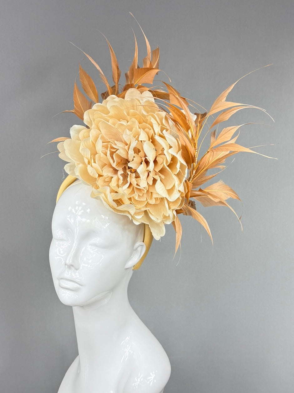 Kentucky Derby Fascinator Hat |  Oversized cream peony and brown feathers Headpiece | Derbyologie