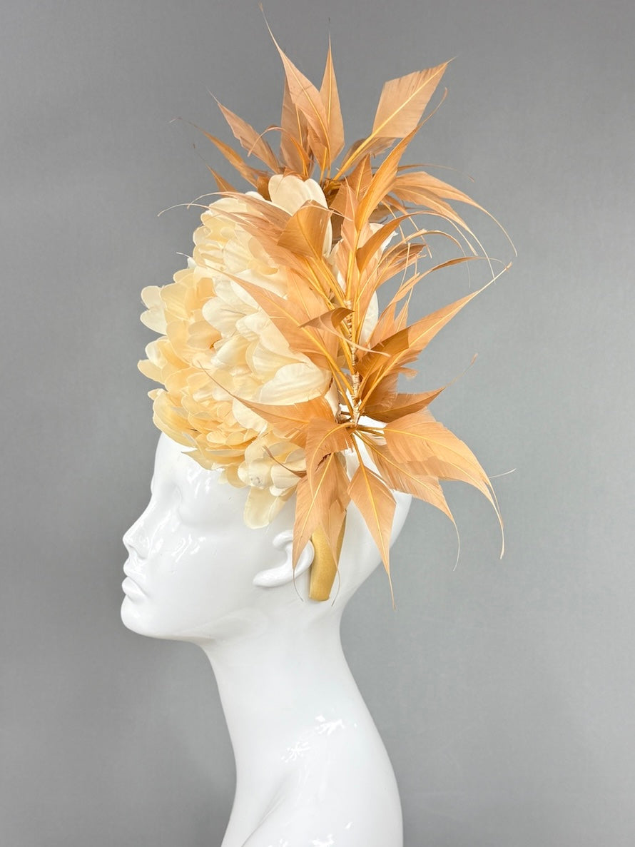 Kentucky Derby Fascinator Hat |  Oversized cream peony and brown feathers Headpiece | Derbyologie