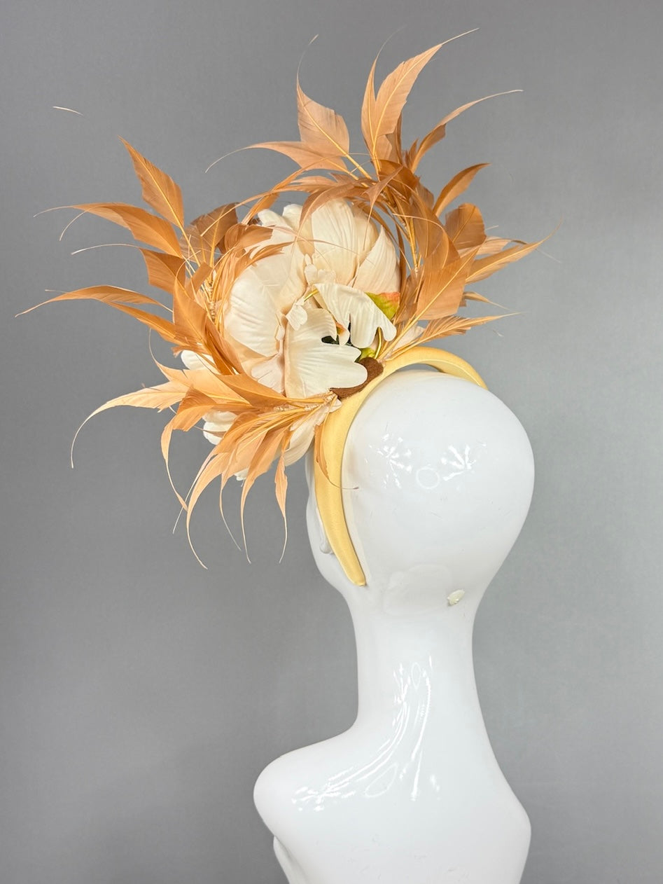 Kentucky Derby Fascinator Hat |  Oversized cream peony and brown feathers Headpiece | Derbyologie
