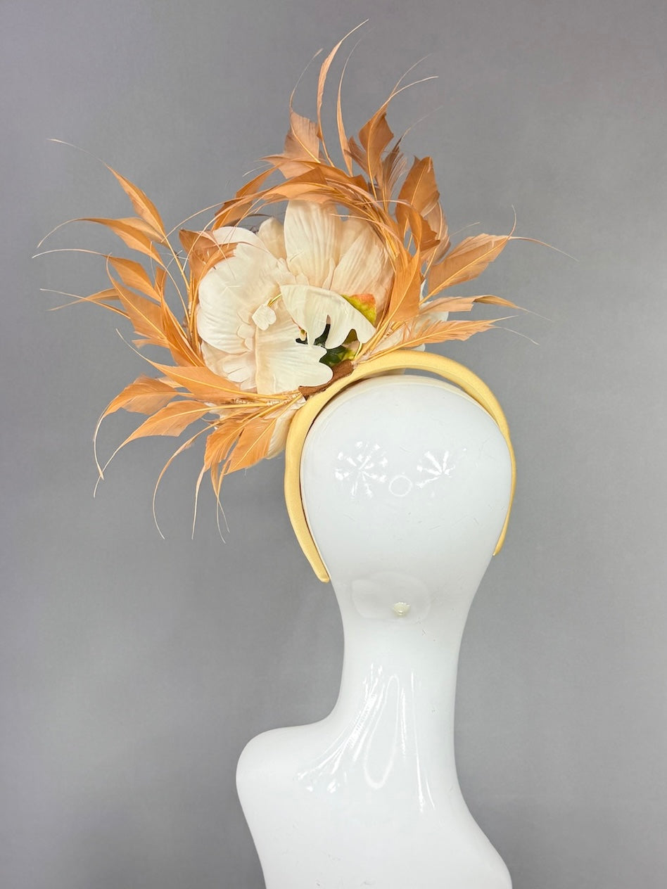Kentucky Derby Fascinator Hat |  Oversized cream peony and brown feathers Headpiece | Derbyologie