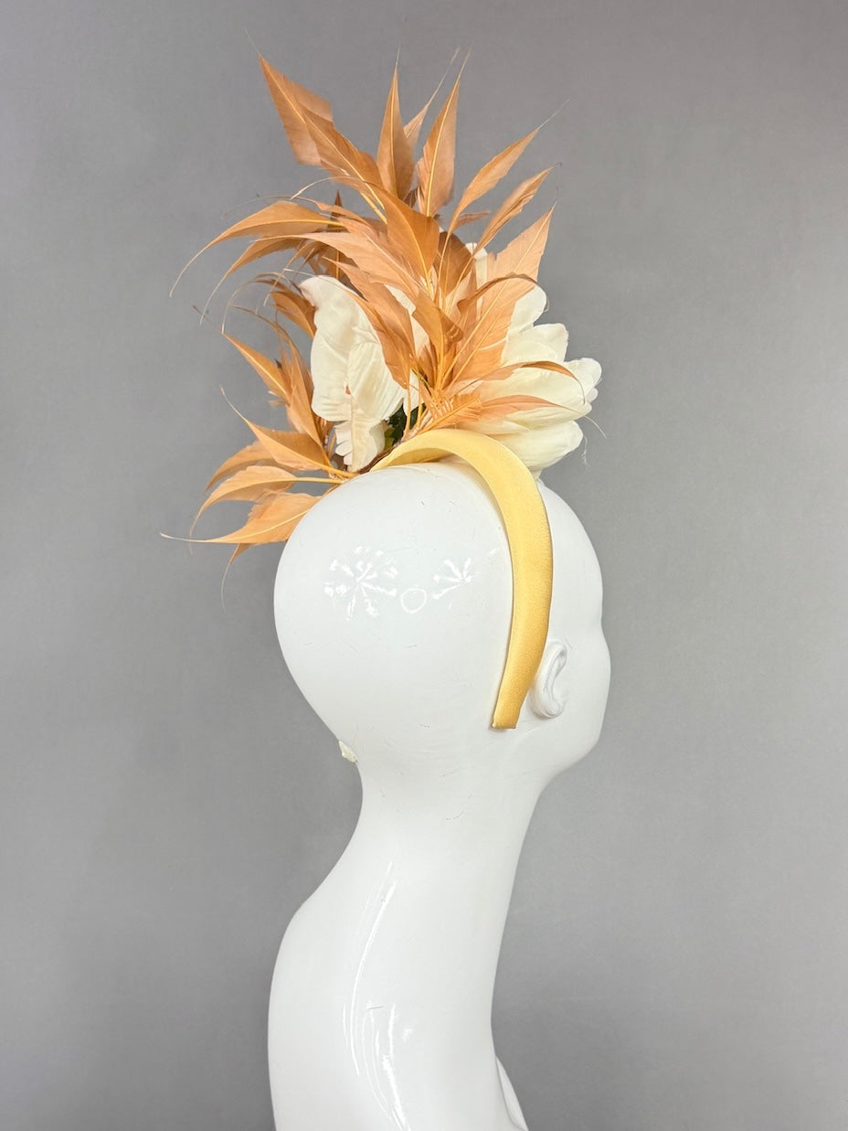 Kentucky Derby Fascinator Hat |  Oversized cream peony and brown feathers Headpiece | Derbyologie
