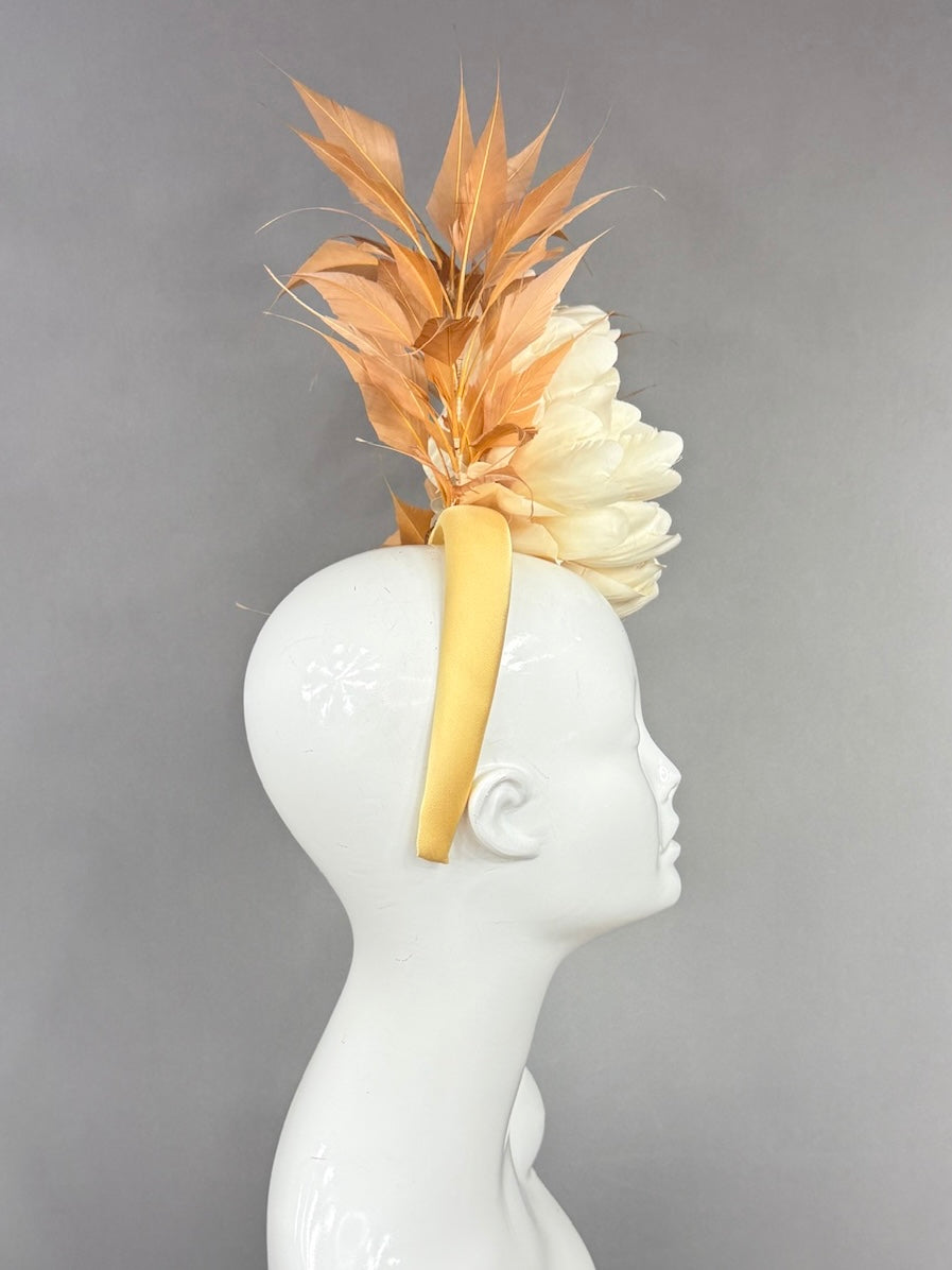 Kentucky Derby Fascinator Hat |  Oversized cream peony and brown feathers Headpiece | Derbyologie