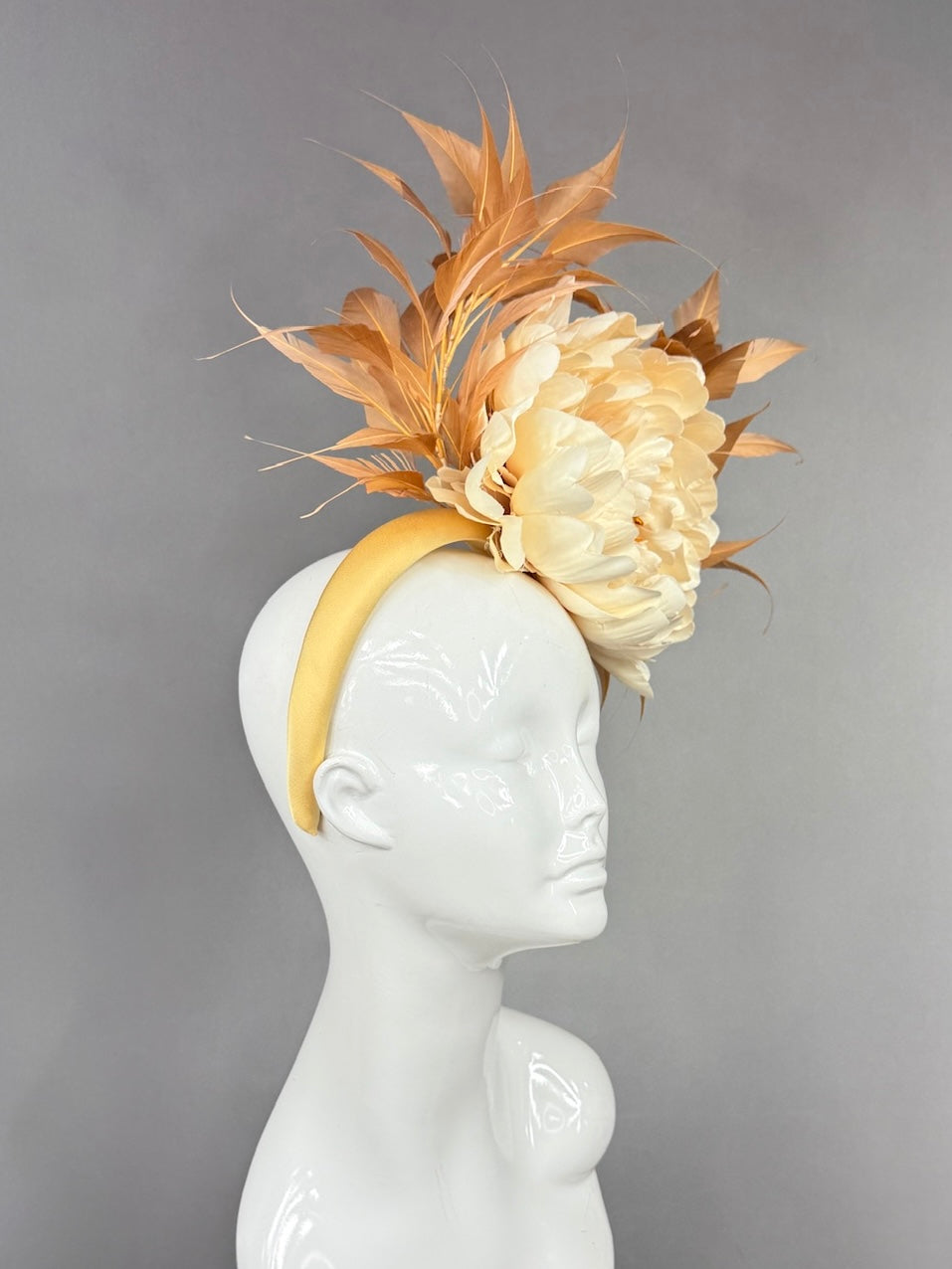 Kentucky Derby Fascinator Hat |  Oversized cream peony and brown feathers Headpiece | Derbyologie