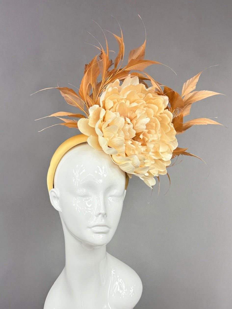 Kentucky Derby Fascinator Hat |  Oversized cream peony and brown feathers Headpiece | Derbyologie
