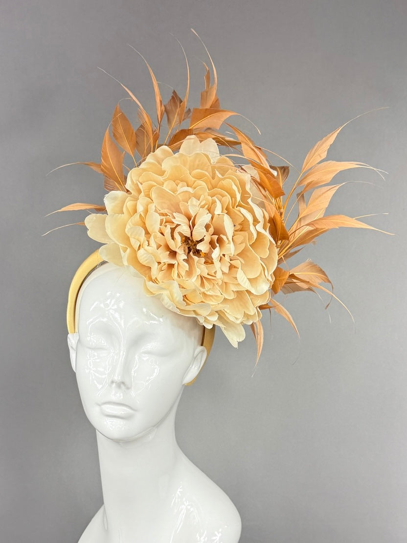 Kentucky Derby Fascinator Hat |  Oversized cream peony and brown feathers Headpiece | Derbyologie