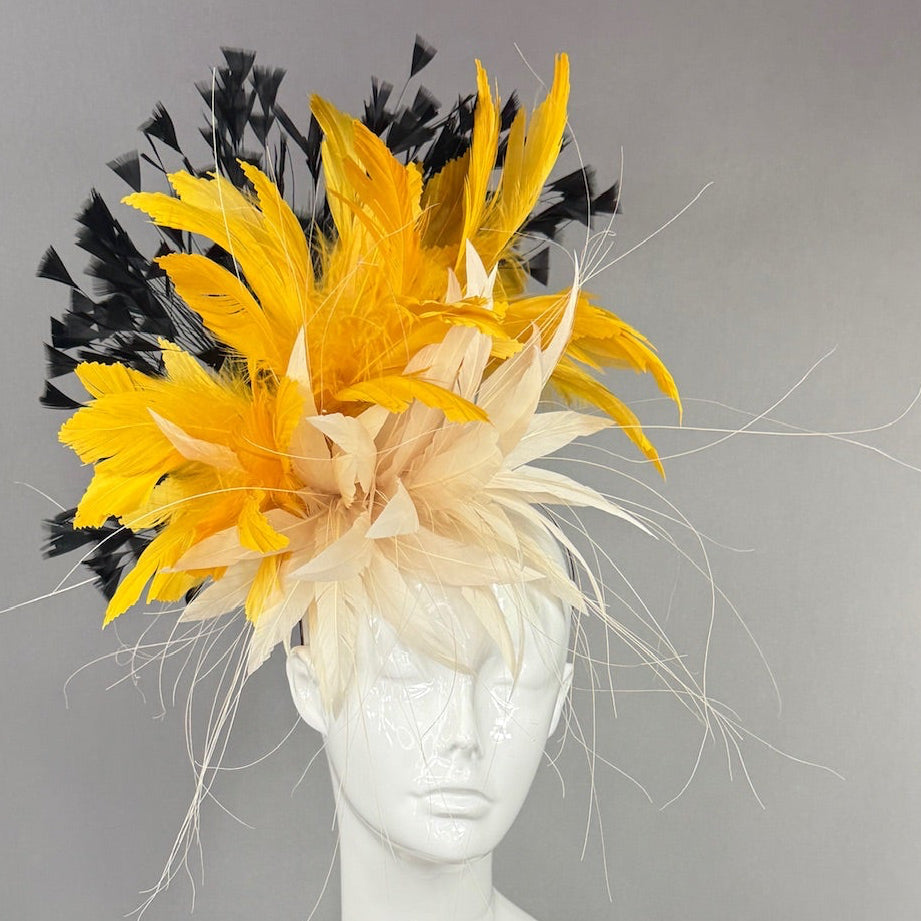 Kentucky Derby Fascinator Hat |  Cream, yellow, and black feathered Headpiece | Derbyologie