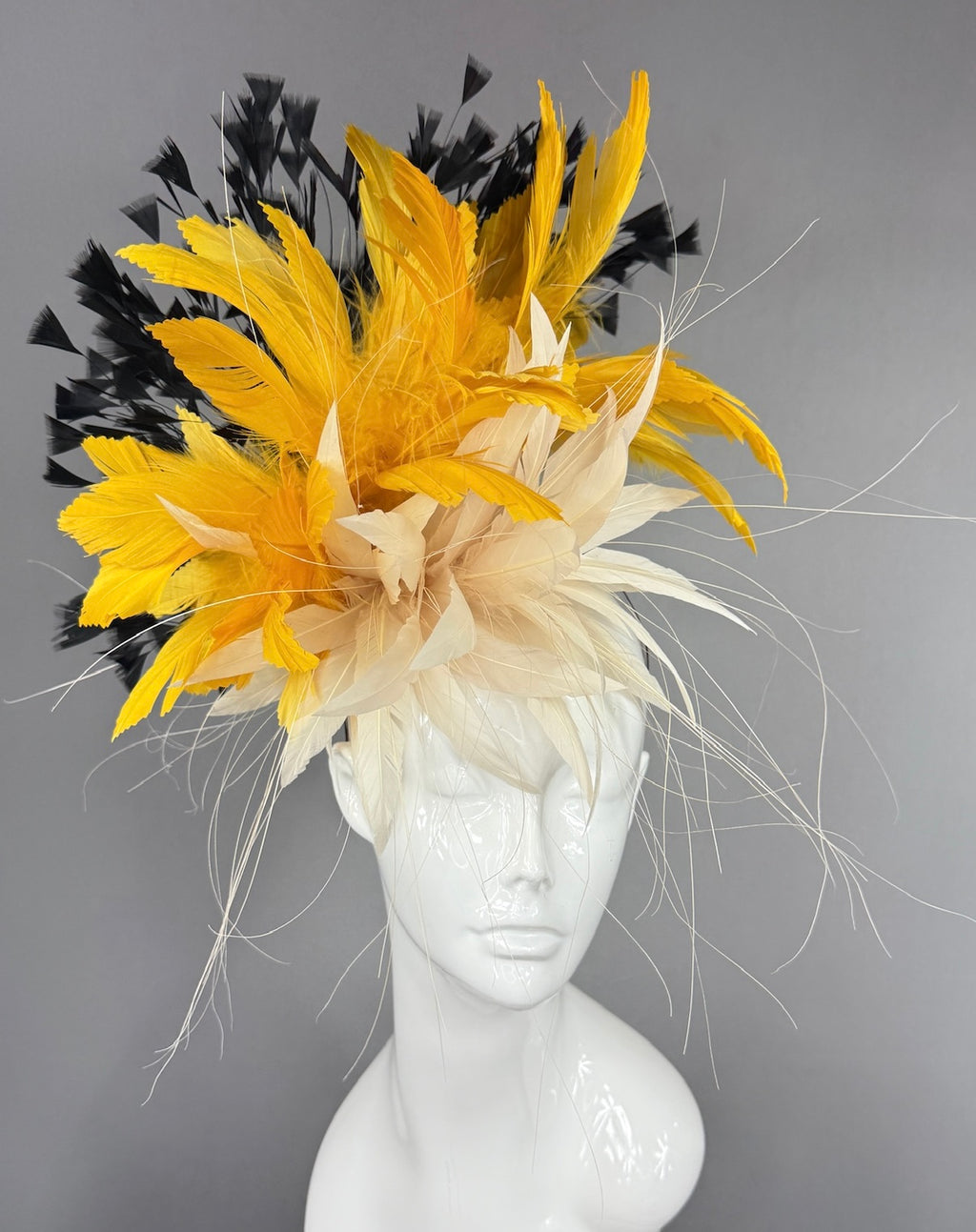 Kentucky Derby Fascinator Hat |  Cream, yellow, and black feathered Headpiece | Derbyologie