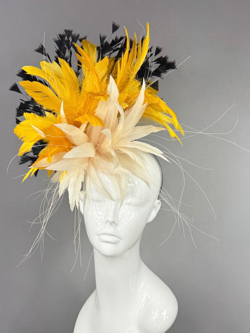 Kentucky Derby Fascinator Hat |  Cream, yellow, and black feathered Headpiece | Derbyologie