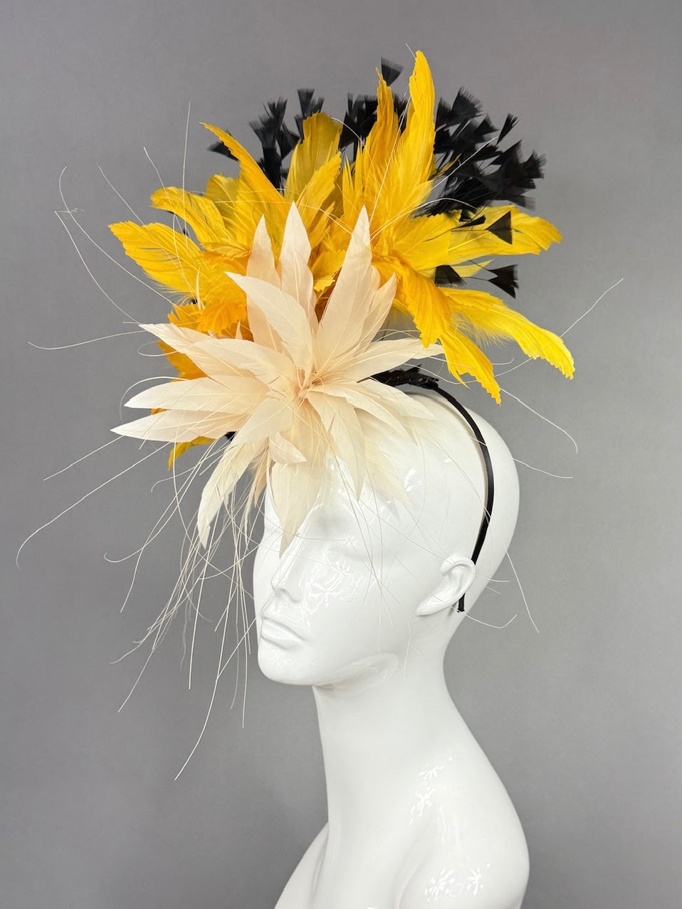 Kentucky Derby Fascinator Hat |  Cream, yellow, and black feathered Headpiece | Derbyologie