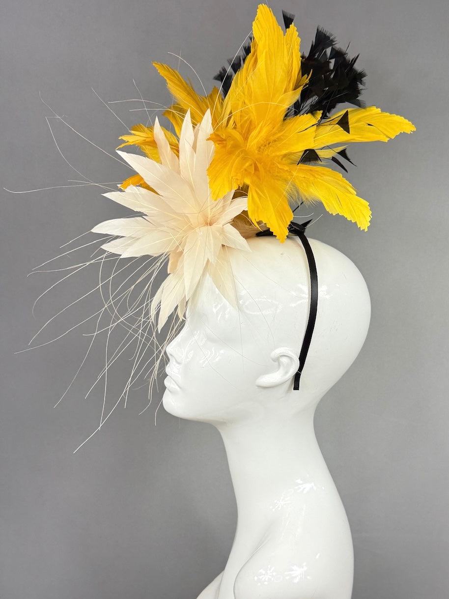 Kentucky Derby Fascinator Hat |  Cream, yellow, and black feathered Headpiece | Derbyologie