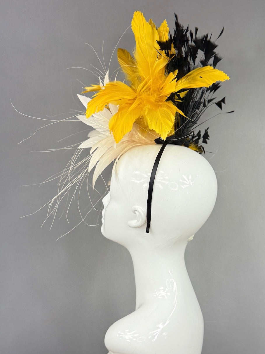 Kentucky Derby Fascinator Hat |  Cream, yellow, and black feathered Headpiece | Derbyologie