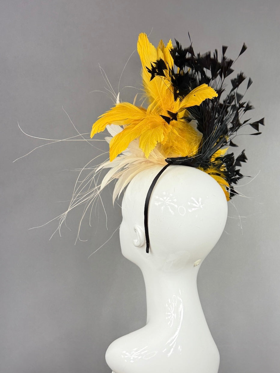 Kentucky Derby Fascinator Hat |  Cream, yellow, and black feathered Headpiece | Derbyologie