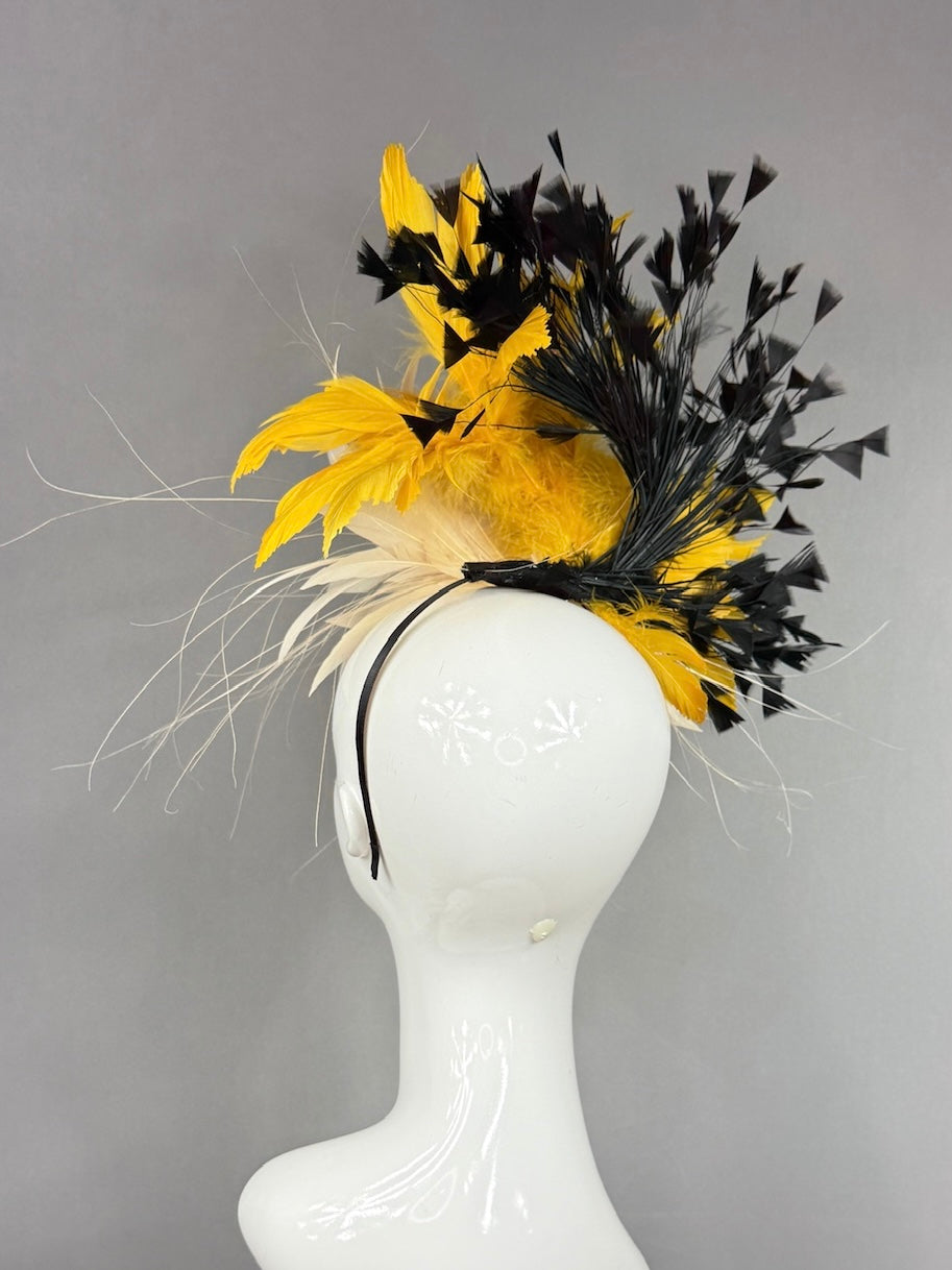Kentucky Derby Fascinator Hat |  Cream, yellow, and black feathered Headpiece | Derbyologie