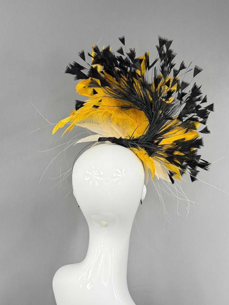 Kentucky Derby Fascinator Hat |  Cream, yellow, and black feathered Headpiece | Derbyologie