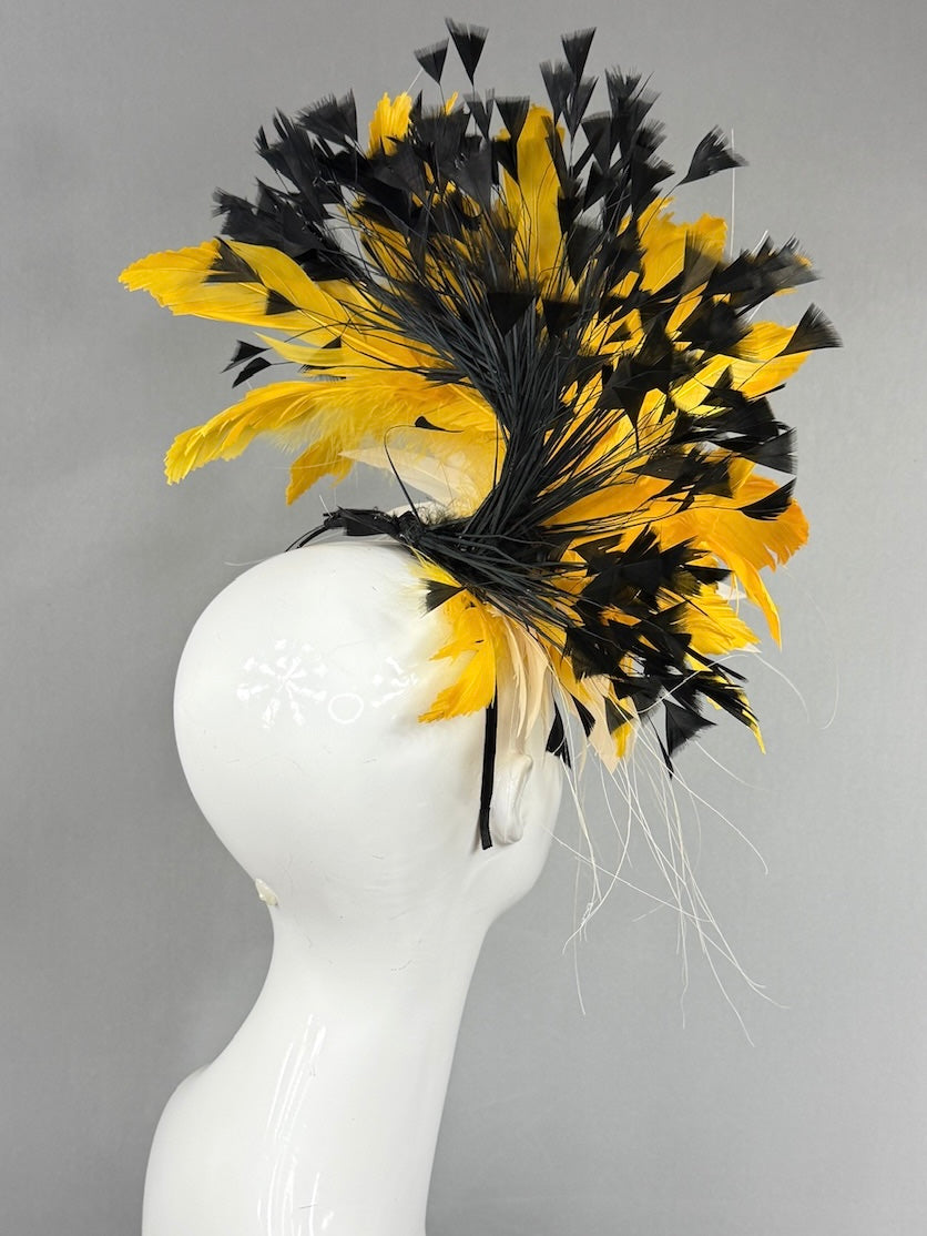 Kentucky Derby Fascinator Hat |  Cream, yellow, and black feathered Headpiece | Derbyologie