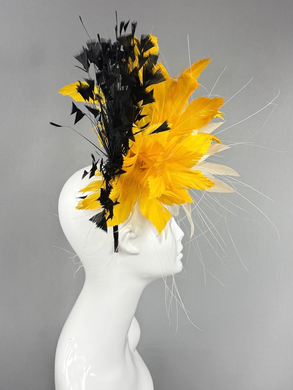 Kentucky Derby Fascinator Hat |  Cream, yellow, and black feathered Headpiece | Derbyologie