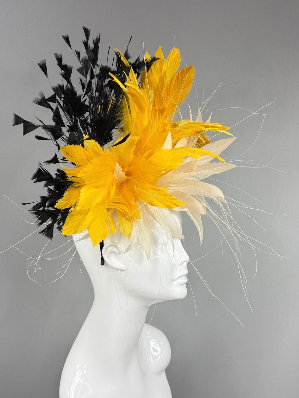 Kentucky Derby Fascinator Hat |  Cream, yellow, and black feathered Headpiece | Derbyologie