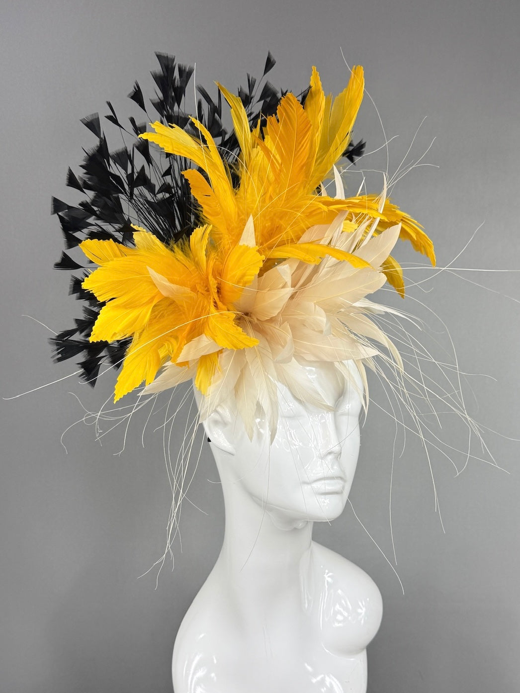 Kentucky Derby Fascinator Hat |  Cream, yellow, and black feathered Headpiece | Derbyologie