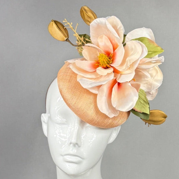 Kentucky Derby Fascinator Hat |  Oversized blush magnolia and gold blossom Headpiece | Derbyologie