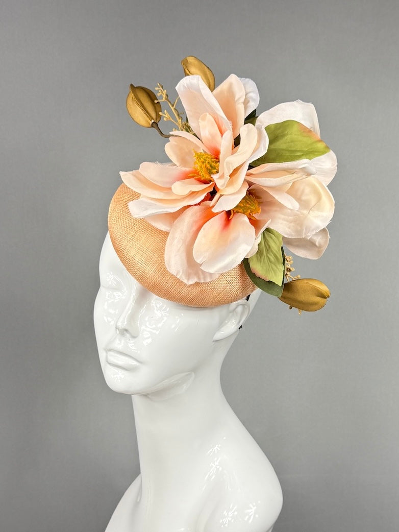 Kentucky Derby Fascinator Hat |  Oversized blush magnolia and gold blossom Headpiece | Derbyologie