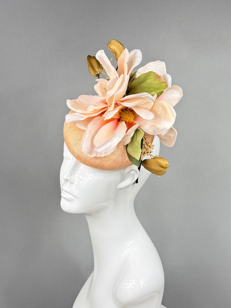 Kentucky Derby Fascinator Hat |  Oversized blush magnolia and gold blossom Headpiece | Derbyologie