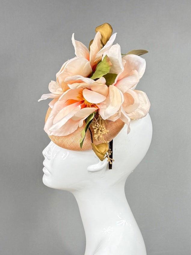 Kentucky Derby Fascinator Hat |  Oversized blush magnolia and gold blossom Headpiece | Derbyologie
